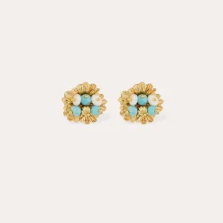 Boucles d'oreilles puces Azalée - Turquoise & Nacre blanche