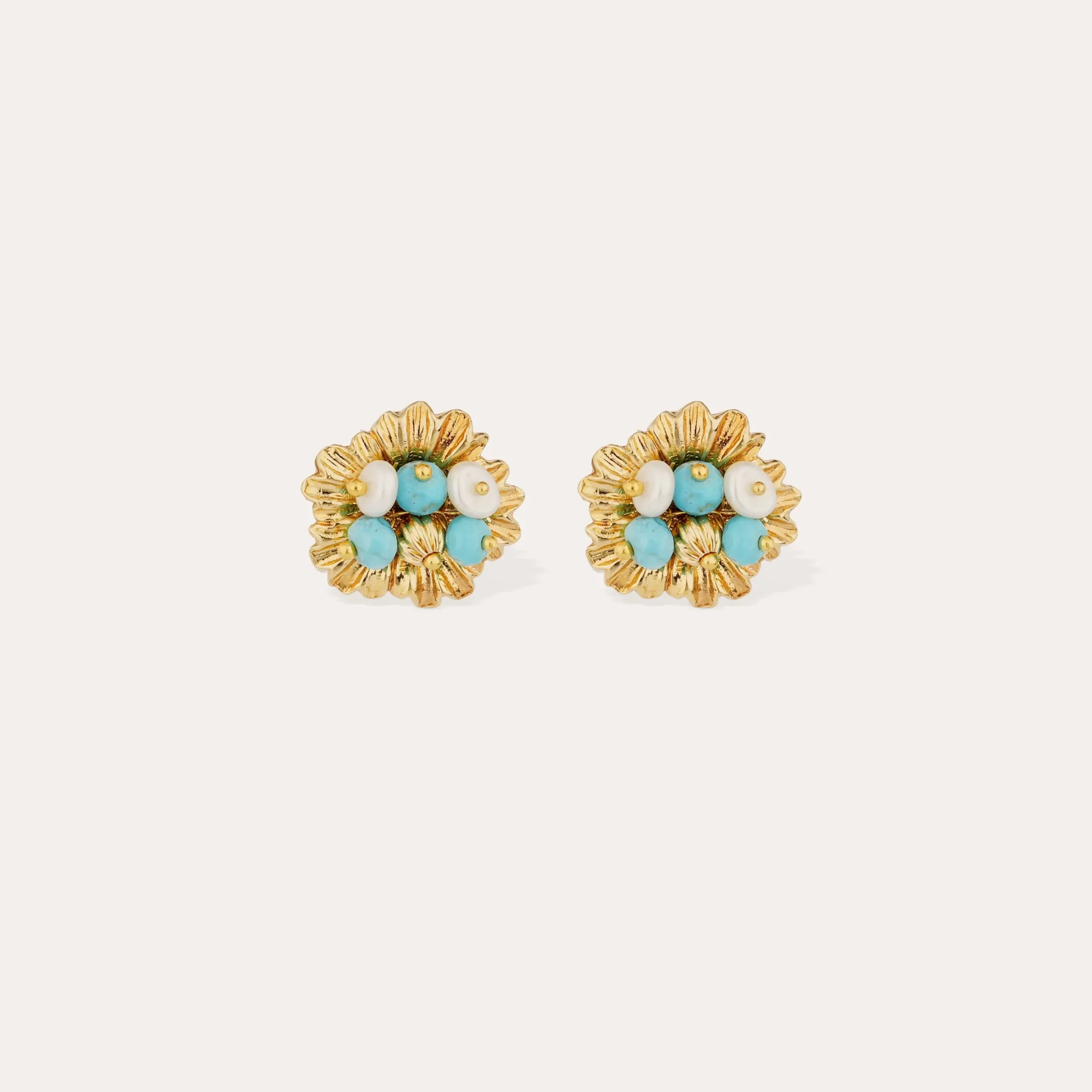 Boucles d'oreilles puces Azalée - Turquoise & Nacre blanche