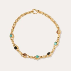 Collier Amarante cabochons multi - Turquoise, Basalte noire & Bois