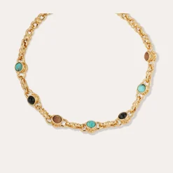 Collier Amarante cabochons multi - Turquoise, Basalte noire & Bois