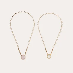Collier Scapulaire serti - Nacre blanche & Quartz rose