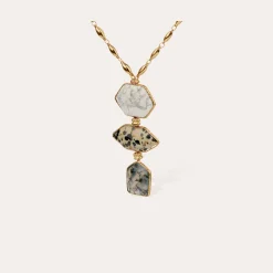 Sautoir Silenza - Opale blanche, Jaspe dalmatien & Agate verte